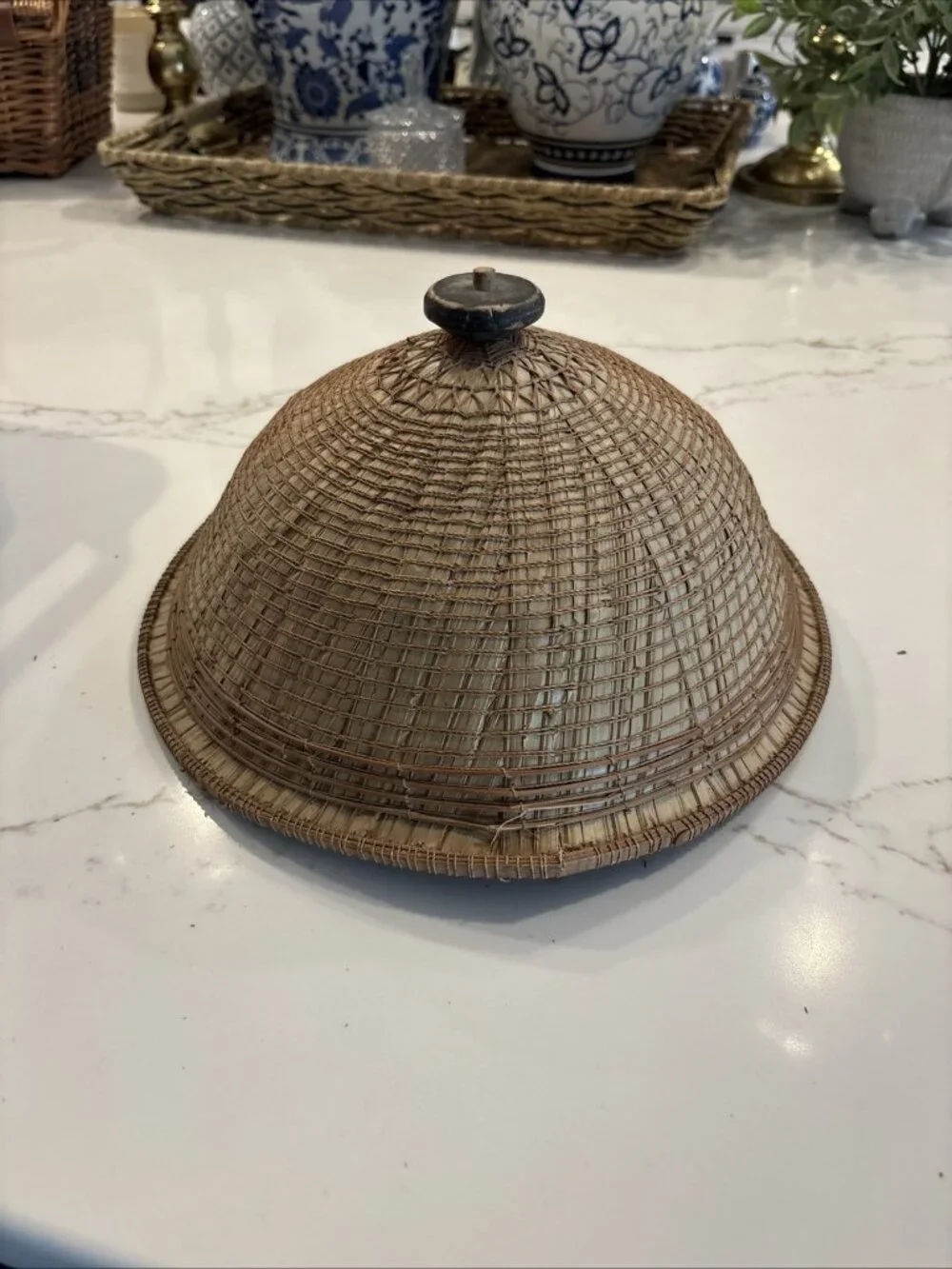 Vintage Handwoven Bamboo Conical Hat Boho Wall Decor Folk Art Woven Basket
